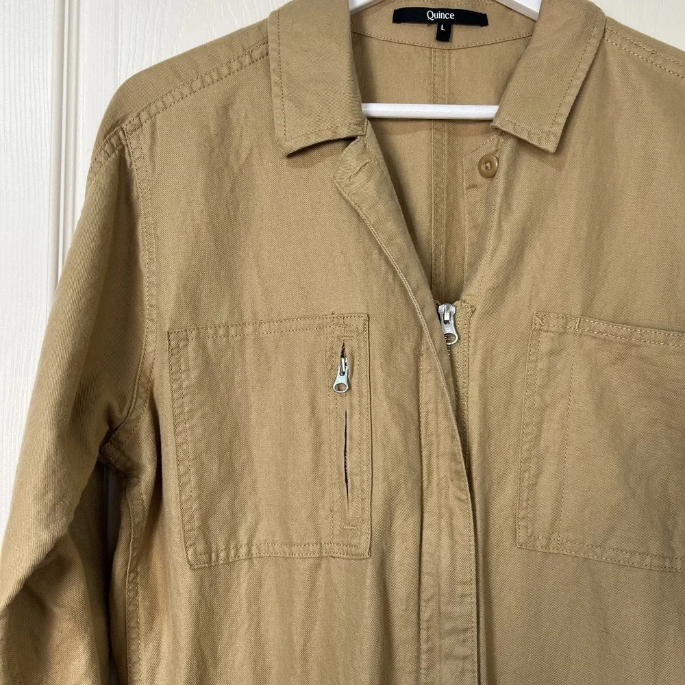 QUINCE Organic Cotton Linen Twill Jumpsuit Women L Long Sleeve Camel Sustainable